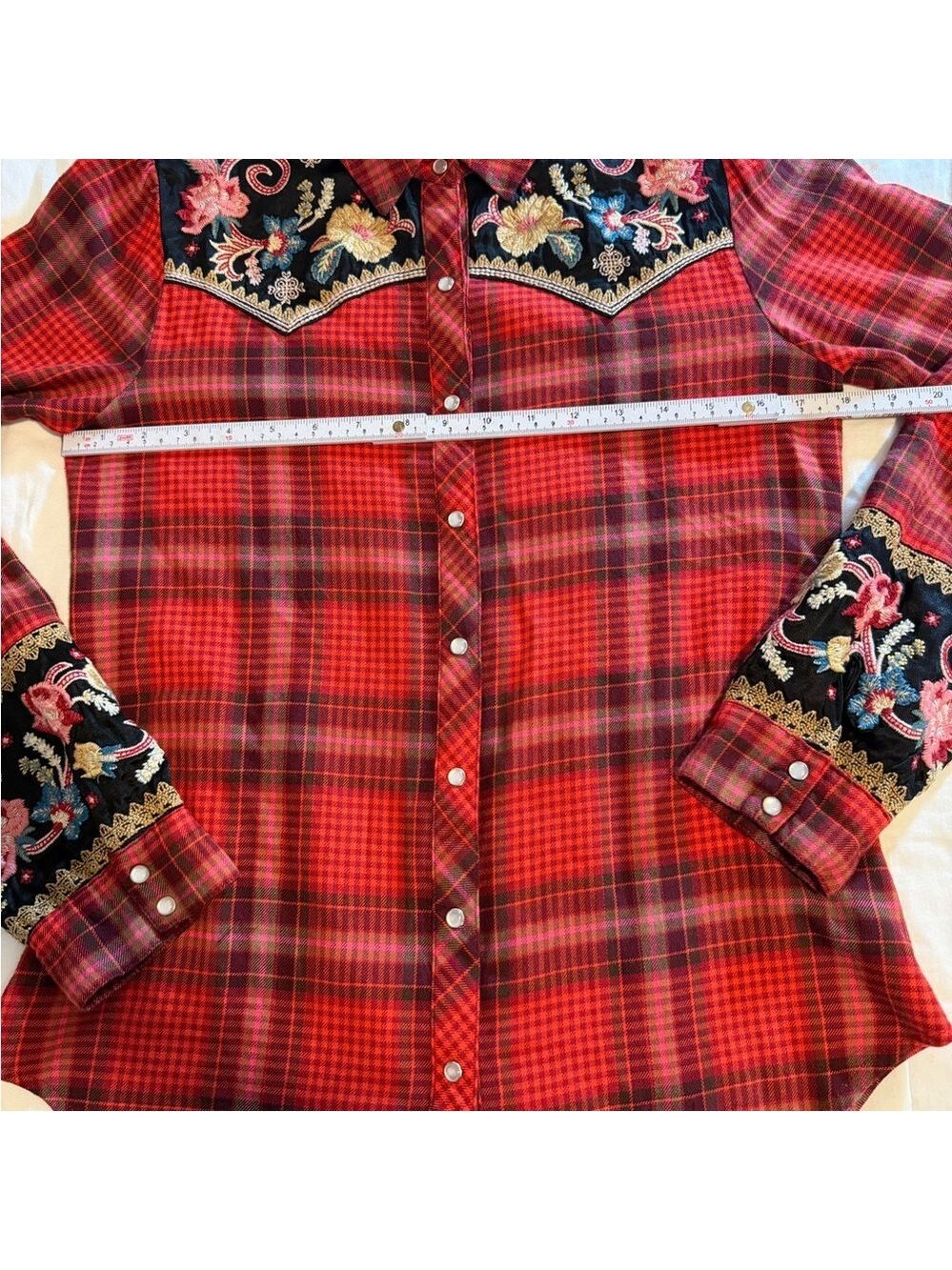 Johnny Was Esme Embroidered Western Pearlsnap Shirt Red Plaid Rodeo Women's XXS - Picture 7 of 14